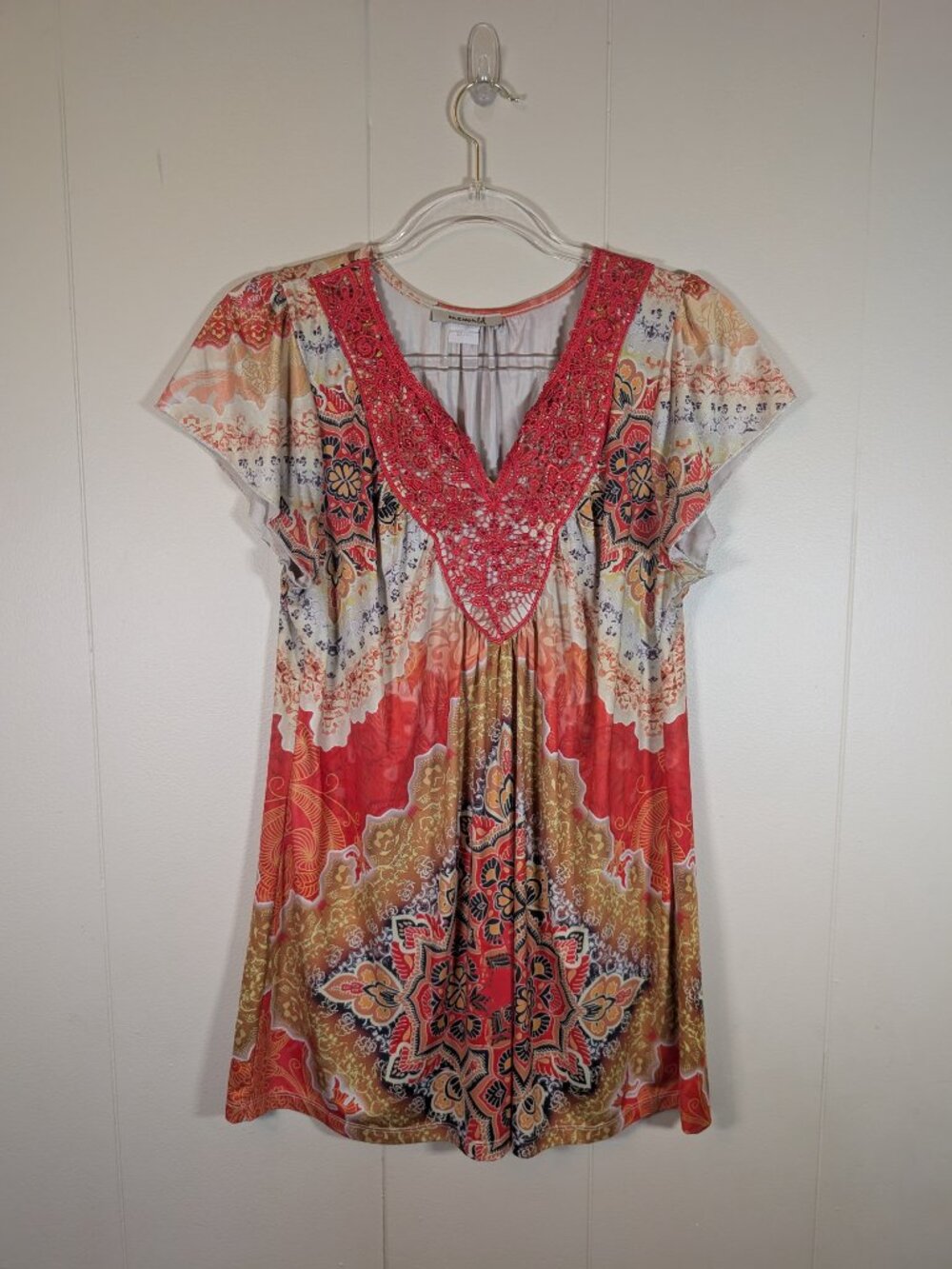 BOHO One World Tunic Top Womens S Crochet Lace Rhinestone Floral Y2K Blouse